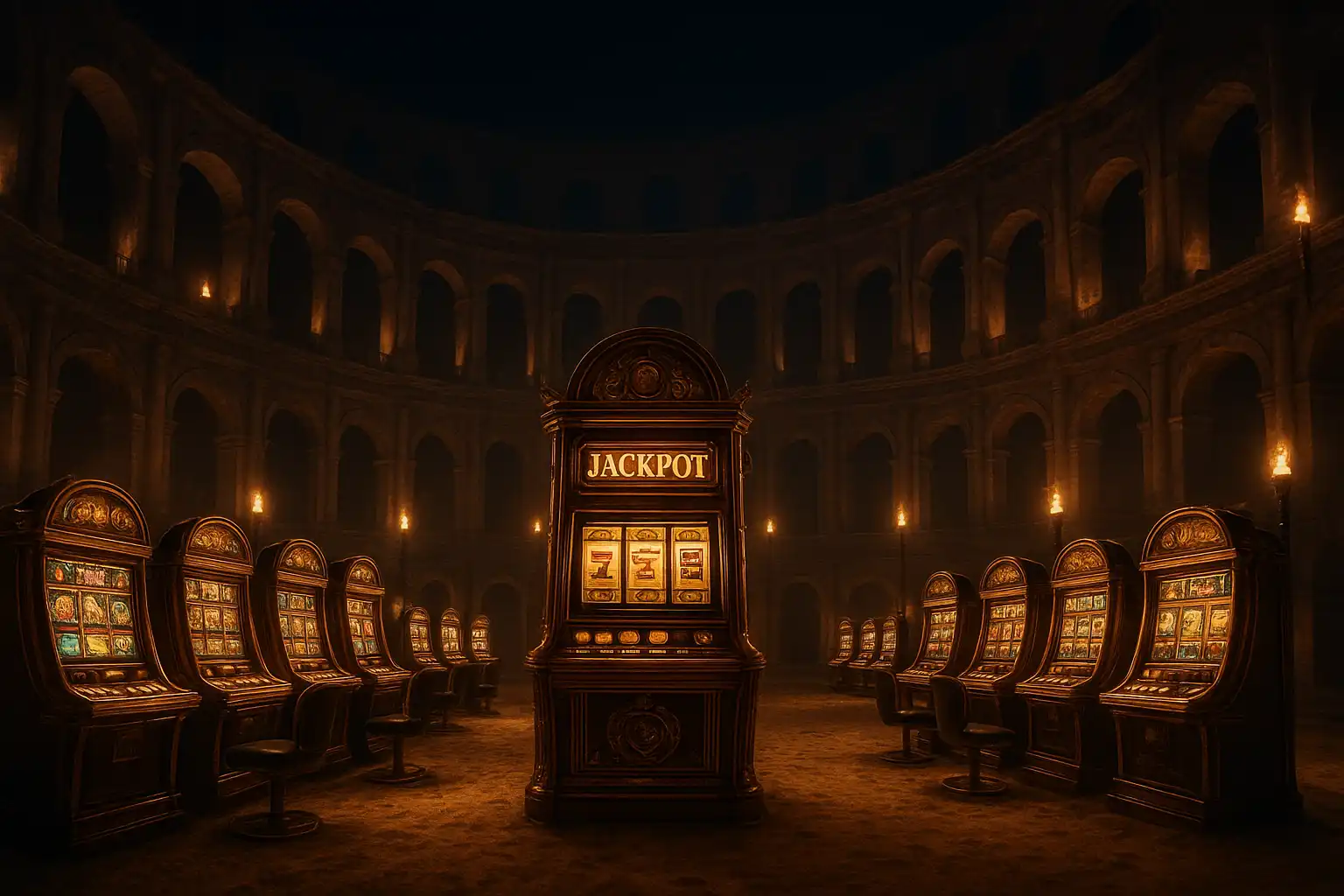 Grand stone coliseum arena lit by torches, home of BetArenas