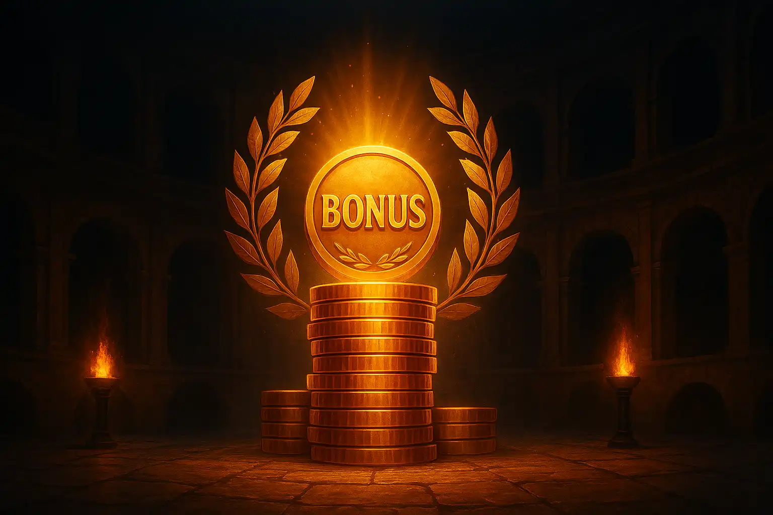 Bronze coin stack and glowing bonus symbol in a coliseum setting