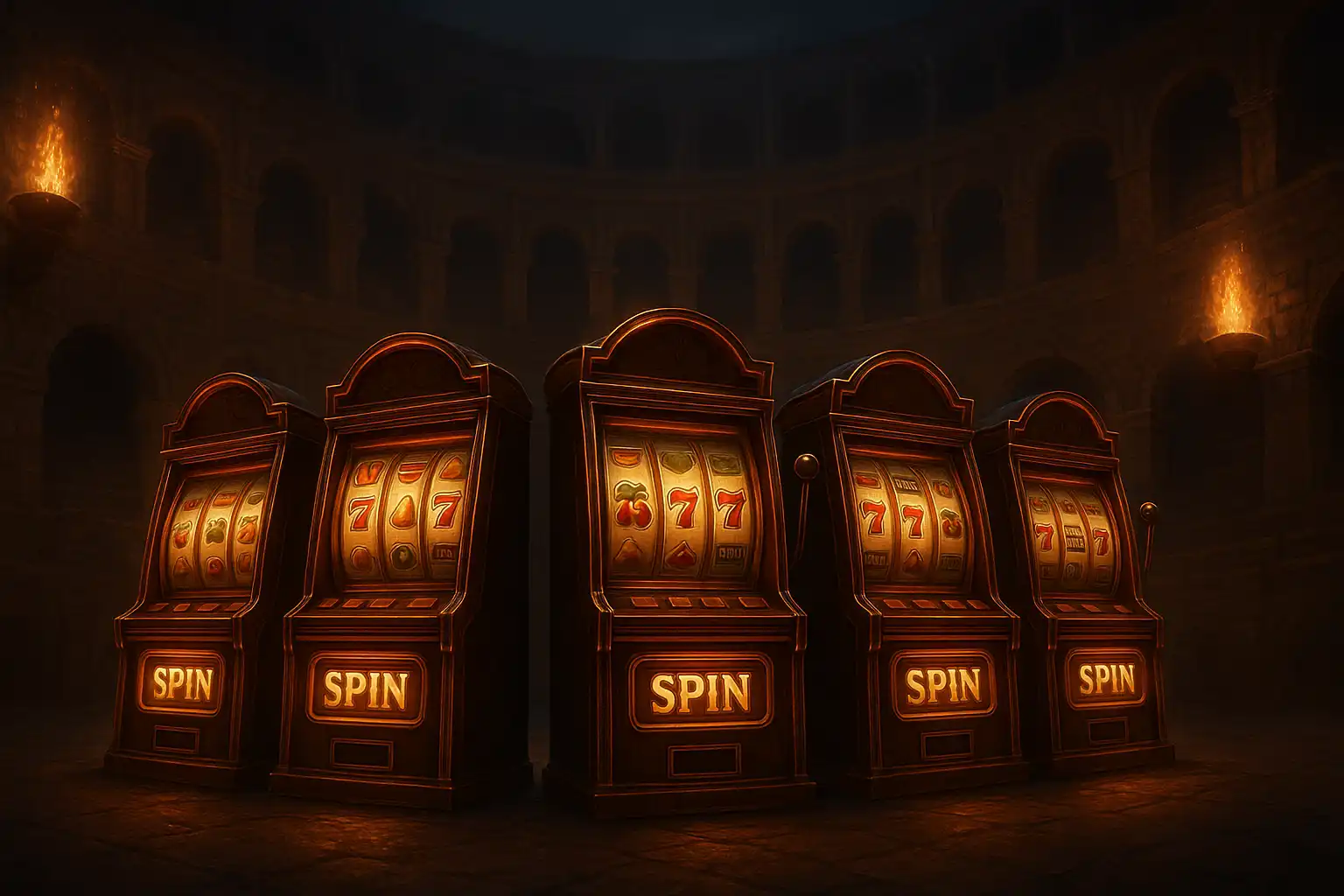 Rows of glowing slot machines inside a stone coliseum arena